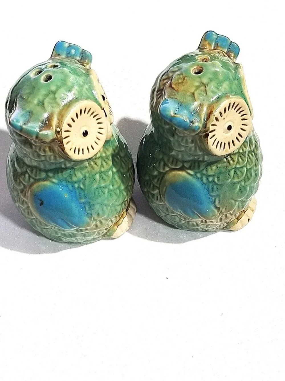 Vintage Ceramic Owl Salt & Pepper Shakers Green Blue Glazed Stoneware Pair